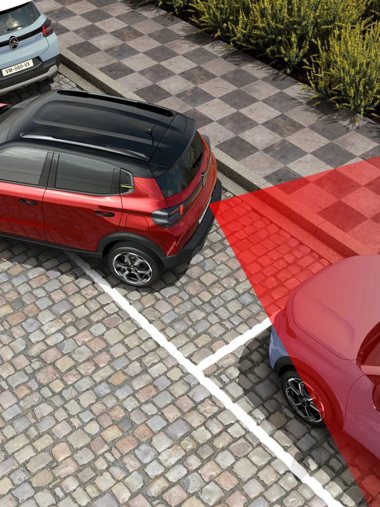 Top‑down view of Citroën ë‑C3 electric SUV showing rear parking sensors for safer, confident and affordable urban manoeuvring.