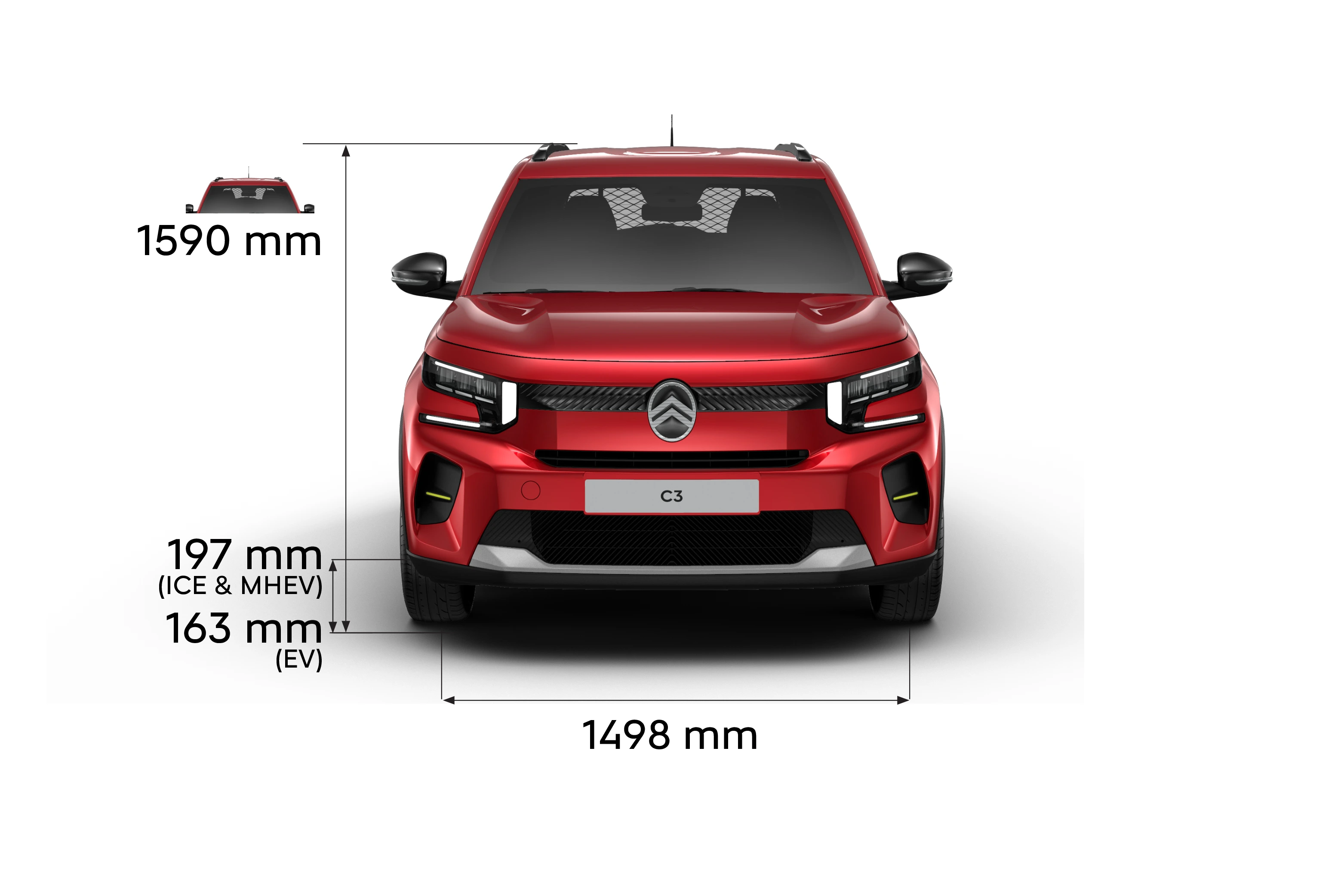 Front view of Citroën ë‑C3 Van showing full exterior dimensions for practical, affordable mobility.