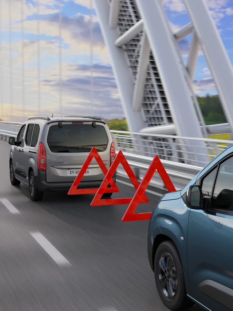Rear view Berlingo with Active Safety Brake highlighting safety, visibility, technology and forward‑collision avoidance