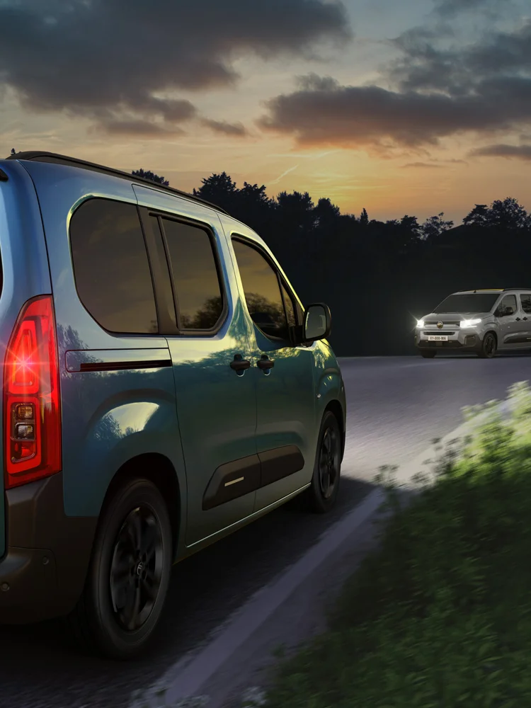 Rear three‑quarter view Berlingo with High Beam Assist improving night visibility, safety, technology and confident driving
