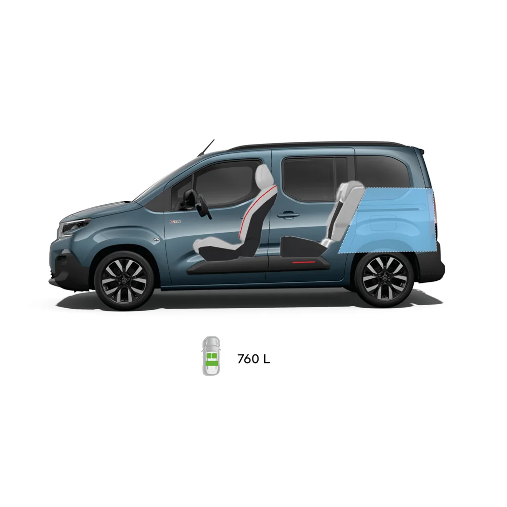 Technical dimension of ë-Berlingo showing front, side, rear and top views with key measurements and seating configurations