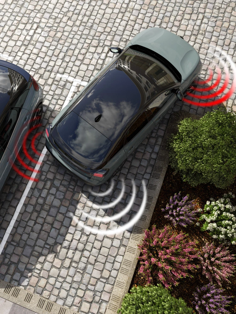 Top view ë-C4 highlighting front and rear sensors, visibility, safety and technology for a confident parking experience