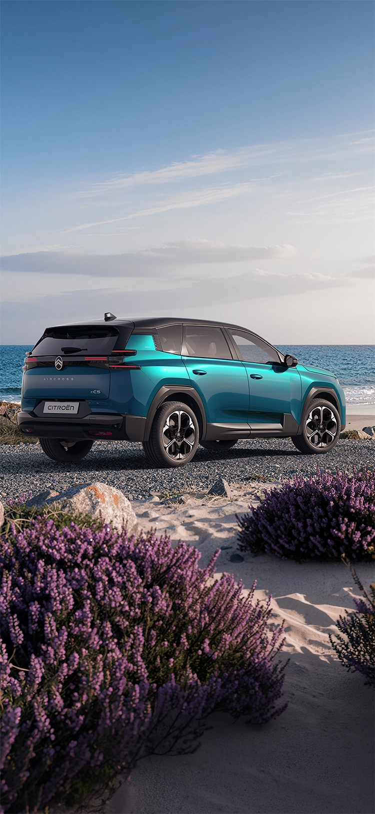 Rear three-quarter view Citroën C5 Aircross Emeraude shows Citroën Light Wings Rear LED lights and spacious design, family SUV