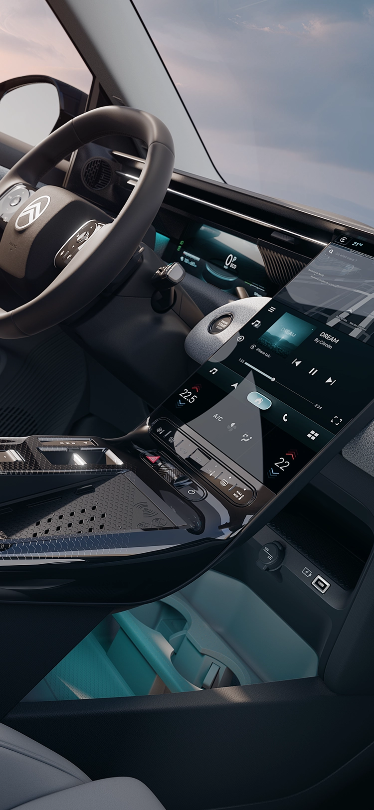 Interior cockpit detail Citroën C5 Aircross Emeraude shows Citroën Waterfall Screen with 3D navigation and connectivity, connected family SUV convenience