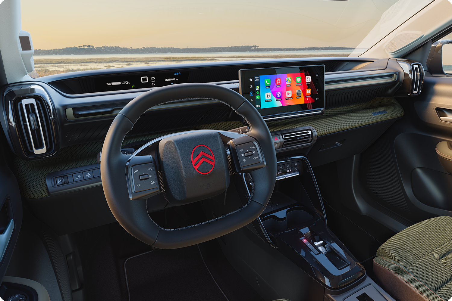 Close-up dashboard view Citroën C3 Outdoor touchscreen shows Advanced Comfort connectivity for compact SUV travel