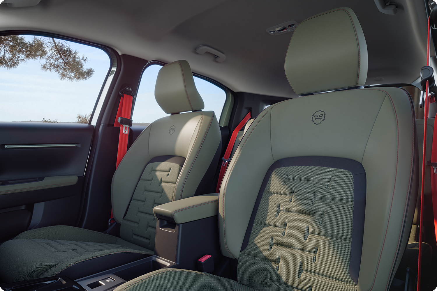 close up of Citroën C3 Aircross Outdoor rear seats with red seatbelts, comfort, roominess and refreshing design for everyone