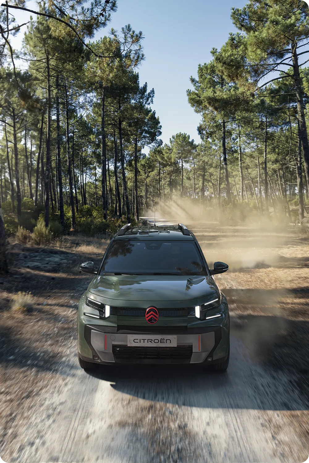 Aerial front view of Citroën C3 Aircross, robust, versatile and comfortable SUV with innovative capability for outdoor adventures
