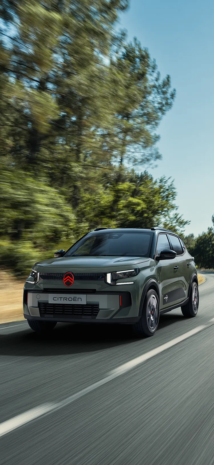 Front 3/4 view of Citroën C3 Outdoor, robust, versatile and comfortable hatchback with crossover look with innovative styling for outdoor drives